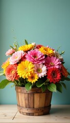 Fototapeta premium Brightly colored flower bouquet in a wooden basket, floral, petals, bouquet