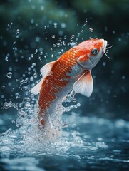 Koi fish leaping, water splash, garden pond, dark background, zen