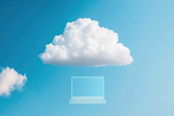 Cloud computing concept with a laptop under a fluffy white cloud against a clear blue sky, representing digital storage and modern technology