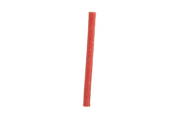 Single sugar-coated jelly candy stick isolated on white background.
Delicious red candy stick with sugar crystals, studio shot.