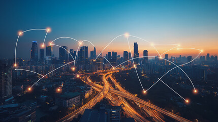 Abstract business man stands on Smart digital Innovation city with connection network reciprocity over the twilight cityscape. of future wireless digital city and social media networking systems