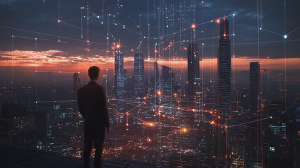 Fototapeta premium Abstract business man stands on Smart digital Innovation city with connection network reciprocity over the twilight cityscape. of future wireless digital city and social media networking systems
