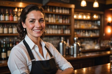 close portrait of a 40s smiling Argentine female bartender against blurred bar background