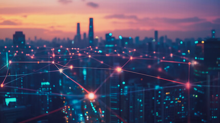 Obraz premium Abstract business man stands on Smart digital Innovation city with connection network reciprocity over the twilight cityscape. of future wireless digital city and social media networking systems