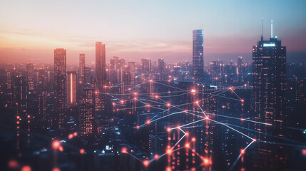 Fototapeta premium Abstract business man stands on Smart digital Innovation city with connection network reciprocity over the twilight cityscape. of future wireless digital city and social media networking systems