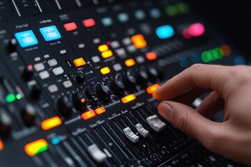 Close-up of a hand adjusting controls on a sound mixing console, showcasing vibrant buttons and sliders in a professional studio environment.