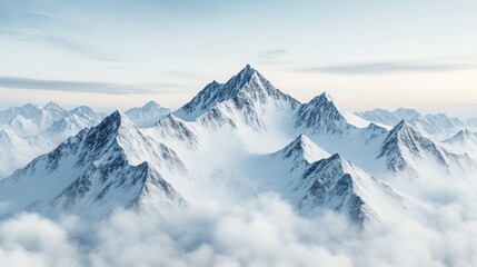 Obraz premium Breathtaking mountain range emerging through soft clouds, showcasing the beauty of nature in a serene and tranquil setting.