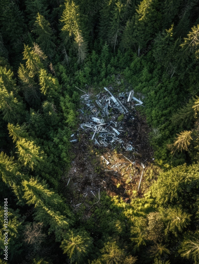 Poster dense forest conceals airplane debris among tall trees in remote wilderness. generative ai