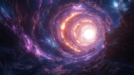 Otherworldly purple vortex glowing in dark cavern. Generative AI