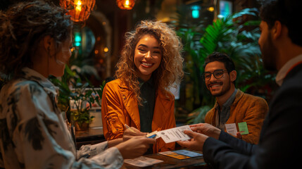 Obraz premium diverse professionals exchanging business cards and ideas