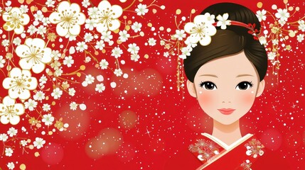 Woman, blossom, red background, Japanese, celebration