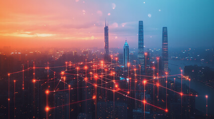 Fototapeta premium Abstract business man stands on Smart digital Innovation city with connection network reciprocity over the twilight cityscape. of future wireless digital city and social media networking systems