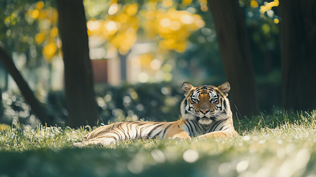 "Majestic Tiger and Cub Resting in Zoo Enclosure"