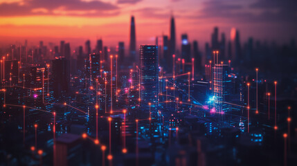 Fototapeta premium Abstract business man stands on Smart digital Innovation city with connection network reciprocity over the twilight cityscape. of future wireless digital city and social media networking systems