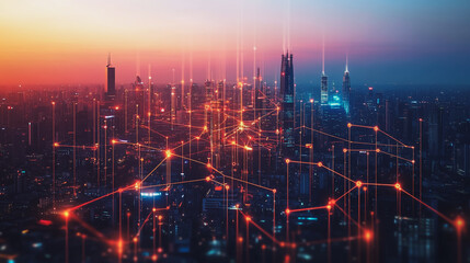 Fototapeta premium Abstract business man stands on Smart digital Innovation city with connection network reciprocity over the twilight cityscape. of future wireless digital city and social media networking systems