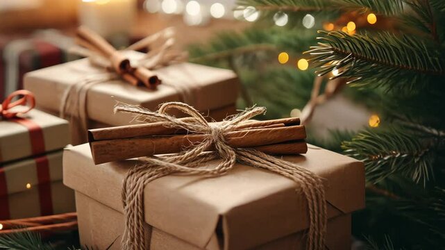 Festive christmas gifts under tree with warm lights and rustic decorations