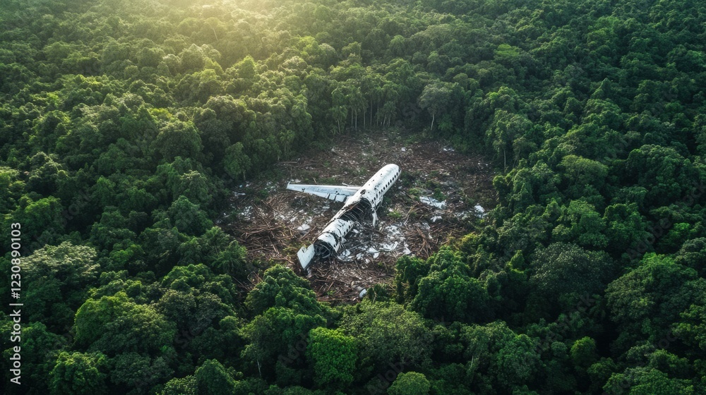 Aufkleber Aerial view captures airplane debris scattered in a dense forest setting during daylight hours. Generative AI