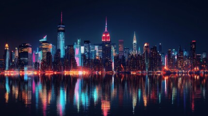 Fototapeta premium Night City Skyline Reflection Colorful Lights Vibrant Metropolis