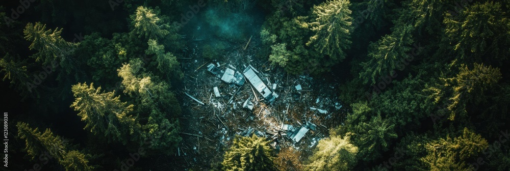 Poster dense forest aerial view showcases airplane debris scattered in a secluded clearing during daylight 