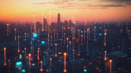 Fototapeta premium Abstract business man stands on Smart digital Innovation city with connection network reciprocity over the twilight cityscape. of future wireless digital city and social media networking systems