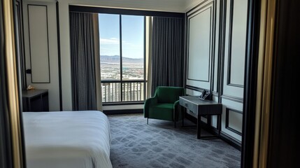 Luxury hotel room, city view, desert landscape, bedroom suite
