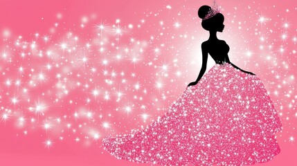 Elegant princess silhouette, sparkling gown, pink background, magical event invitation