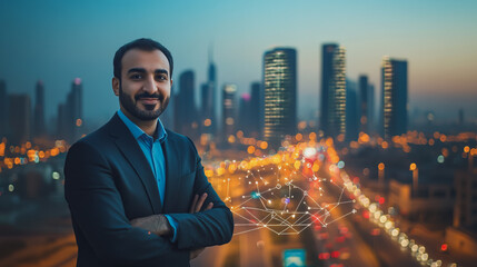 Fototapeta premium Abstract business man stands on Smart digital Innovation city with connection network reciprocity over the twilight cityscape. of future wireless digital city and social media networking systems