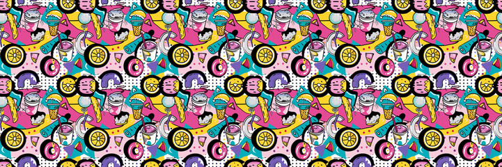 Seamless pattern with geometric shapes in the style. Multicolored vintage background with triangles, circles and squares for textile, fabric and Sudanese fabric art. 