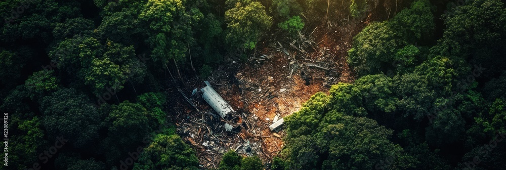 Poster Debris from an aircraft scattered across a dense forest canopy in a remote area during daylight. Generative AI