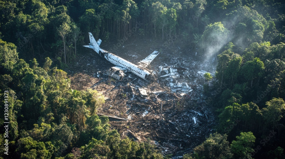 Poster scattered airplane debris lies beneath a dense forest canopy in a remote location. generative ai