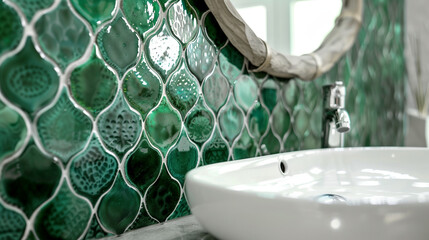 Bathroom interior. Green trendy tile (ceramic). Design Trend. Sink and faucet