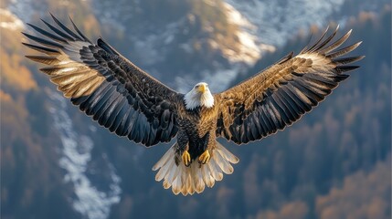 Obraz premium Majestic bald eagle soaring over mountainous landscape