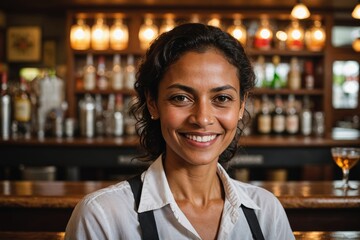 close portrait of a 40s smiling East Timorese female bartender against blurred bar background
