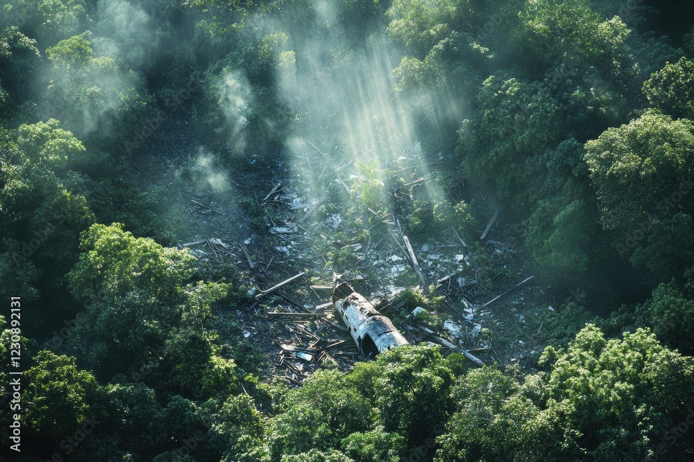 Poster dense forest hides airplane wreckage in clearing, sunlight filters through trees, revealing scattere
