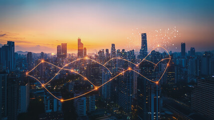 Abstract business man stands on Smart digital Innovation city with connection network reciprocity over the twilight cityscape. of future wireless digital city and social media networking systems