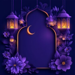 Elegant Ramadan background with lanterns, crescent moon, and flowers.