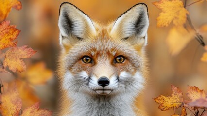 Close-up of fox surrounded by autumn leaves in nature