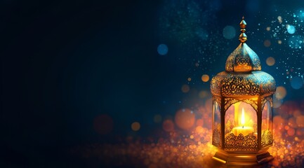 Ornate golden lantern with candlelight, glowing bokeh background.