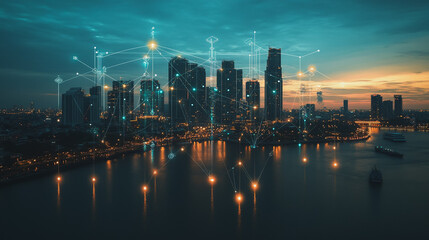 Naklejka premium Abstract business man stands on Smart digital Innovation city with connection network reciprocity over the twilight cityscape. of future wireless digital city and social media networking systems