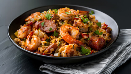 Authentic Louisiana Jambalaya on a Sleek Black Plate