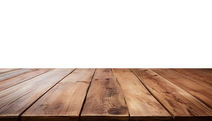 Empty rustic wooden table cutout isolated on transparent background. Wood table mockup for product display