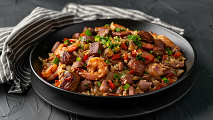 Authentic Louisiana Jambalaya on a Sleek Black Plate