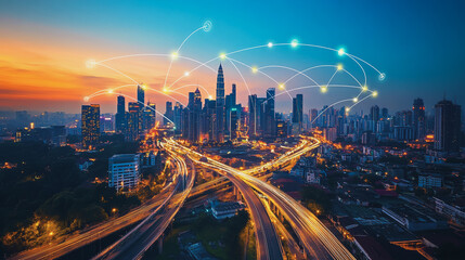 Fototapeta premium Abstract business man stands on Smart digital Innovation city with connection network reciprocity over the twilight cityscape. of future wireless digital city and social media networking systems