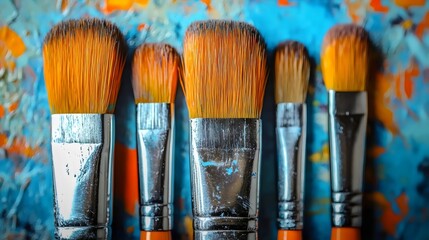 A group of paintbrushes are lined up on a blue background