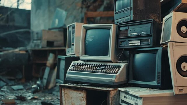 A nostalgic view of an old-school computer setup with CRT monitors, evoking 80s and 90s technology aesthetics. High quality 4k footage