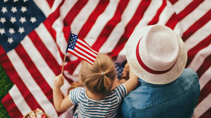A child and an adult enjoy a moment together, holding miniature American flags while seated on a red and white striped picnic blanket.