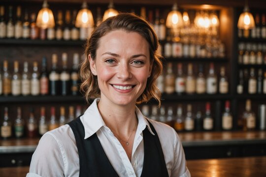 close portrait of a 40s smiling Icelander female bartender against blurred bar background