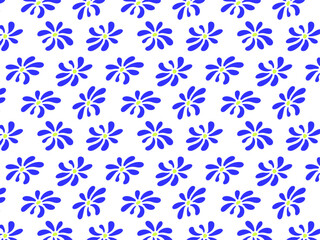 Seamless floral pattern featuring abstract blue flowers with yellow centers on a white background. Repeating decorative design suitable for textiles, wallpapers, and digital prints
