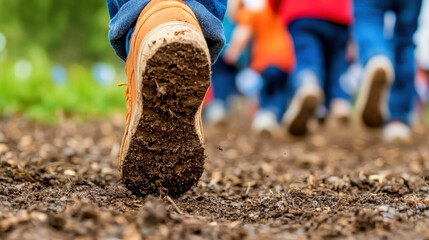 A close-up of a muddy shoe stepping on a dirt path, with people walking in the background, emphasizing outdoor adventure and exploration.