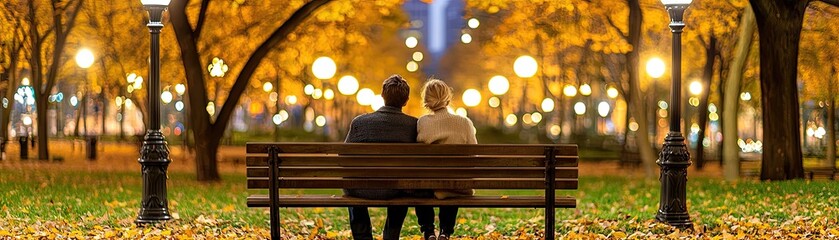 Fototapeta premium Couple sits on park bench, autumn night. Lights glow. Romantic date